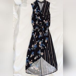 Oasis Mixed Floral & Stripe Wrap Midi Tie Waist Dress, Size 6